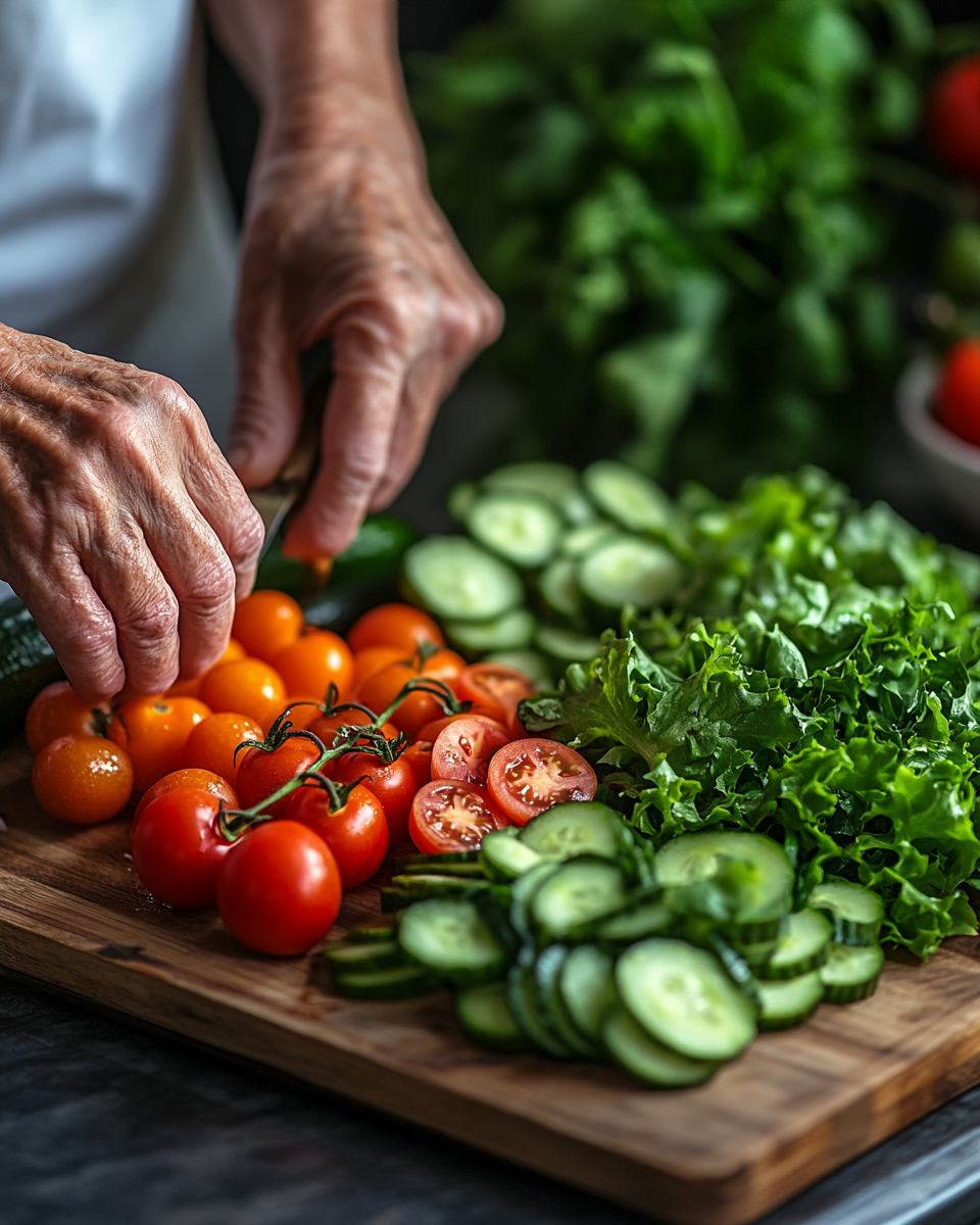 Persoană în vârstă preparând ingrediente proaspete în bucătărie